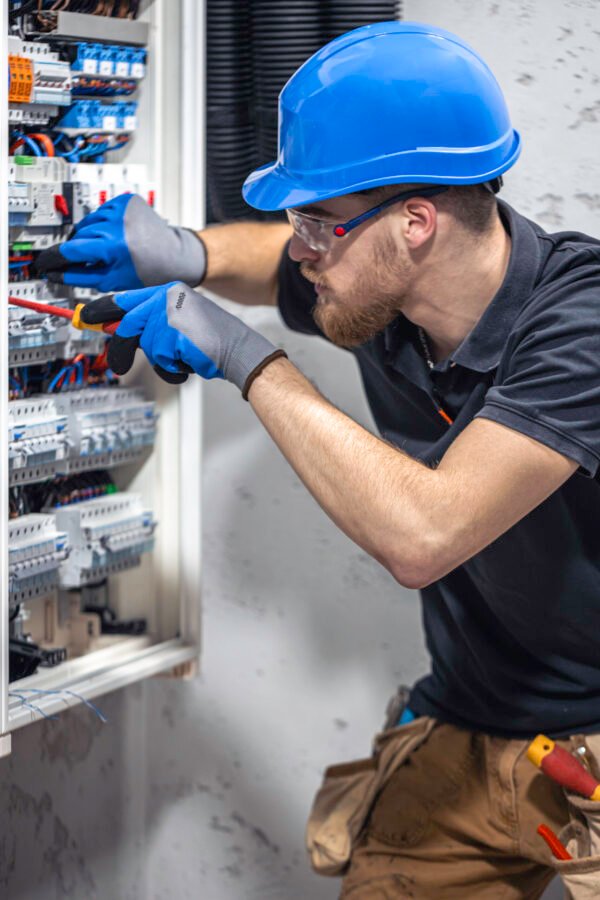 La imagen muestra a un técnico o ingeniero eléctrico trabajando en un panel eléctrico industrial. El profesional está equipado con medidas de seguridad, como un casco azul, gafas protectoras y guantes de trabajo. Está utilizando un destornillador para ajustar o conectar componentes en el panel, que contiene diversos dispositivos eléctricos como breakers y cables organizados.